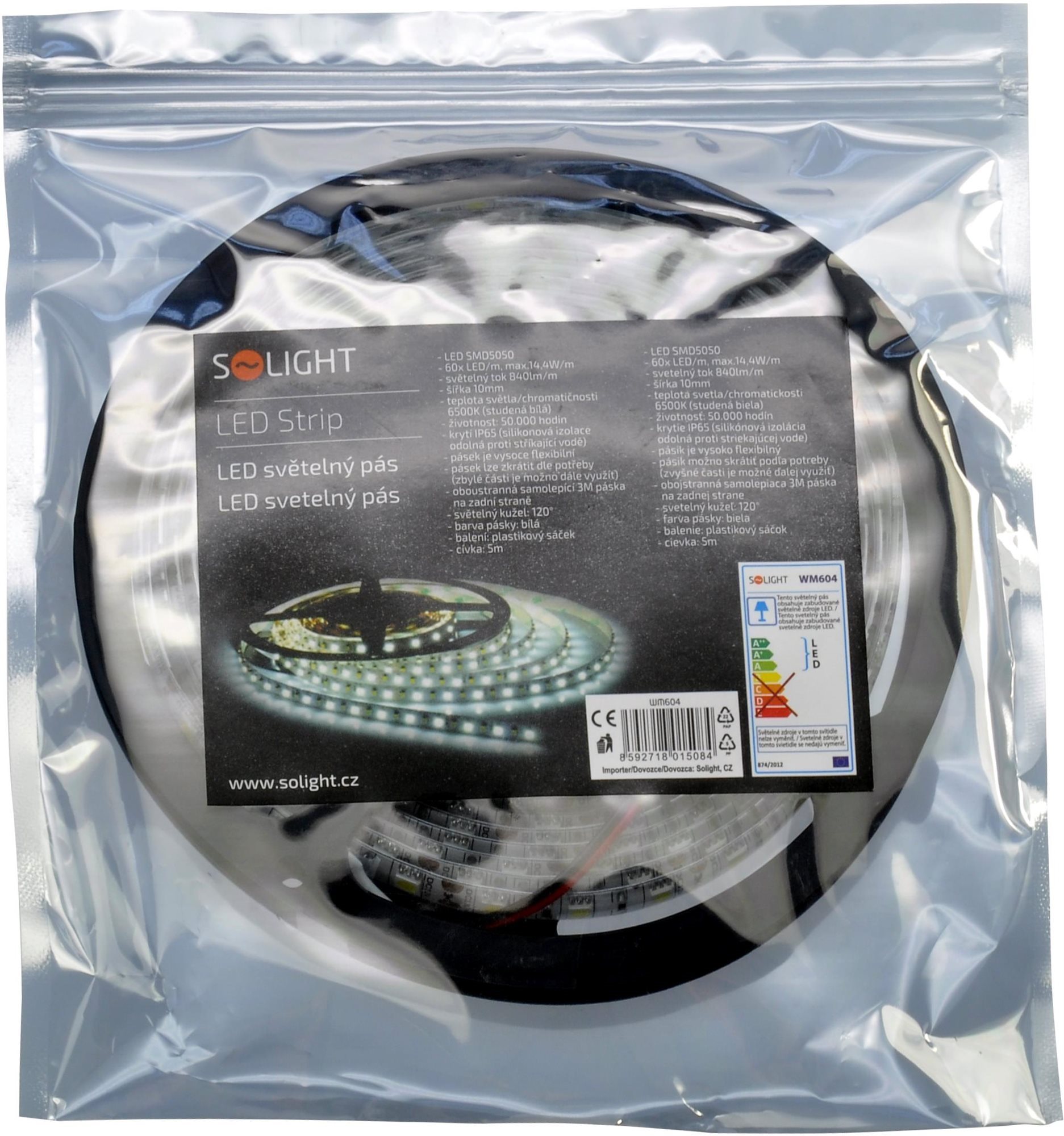 Solight LED svetelný pás, 5 m, SMD5050 60 LED/m, 14,4 W/m, IP65, studená biela