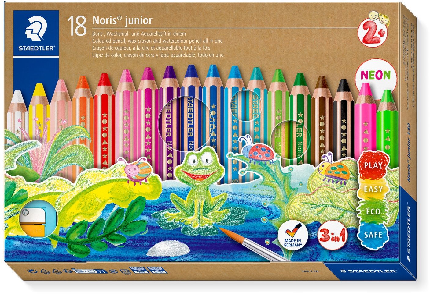 STAEDTLER Noris junior jumbo 3 v 1 – 18 farieb so štetcom a strúhadlom