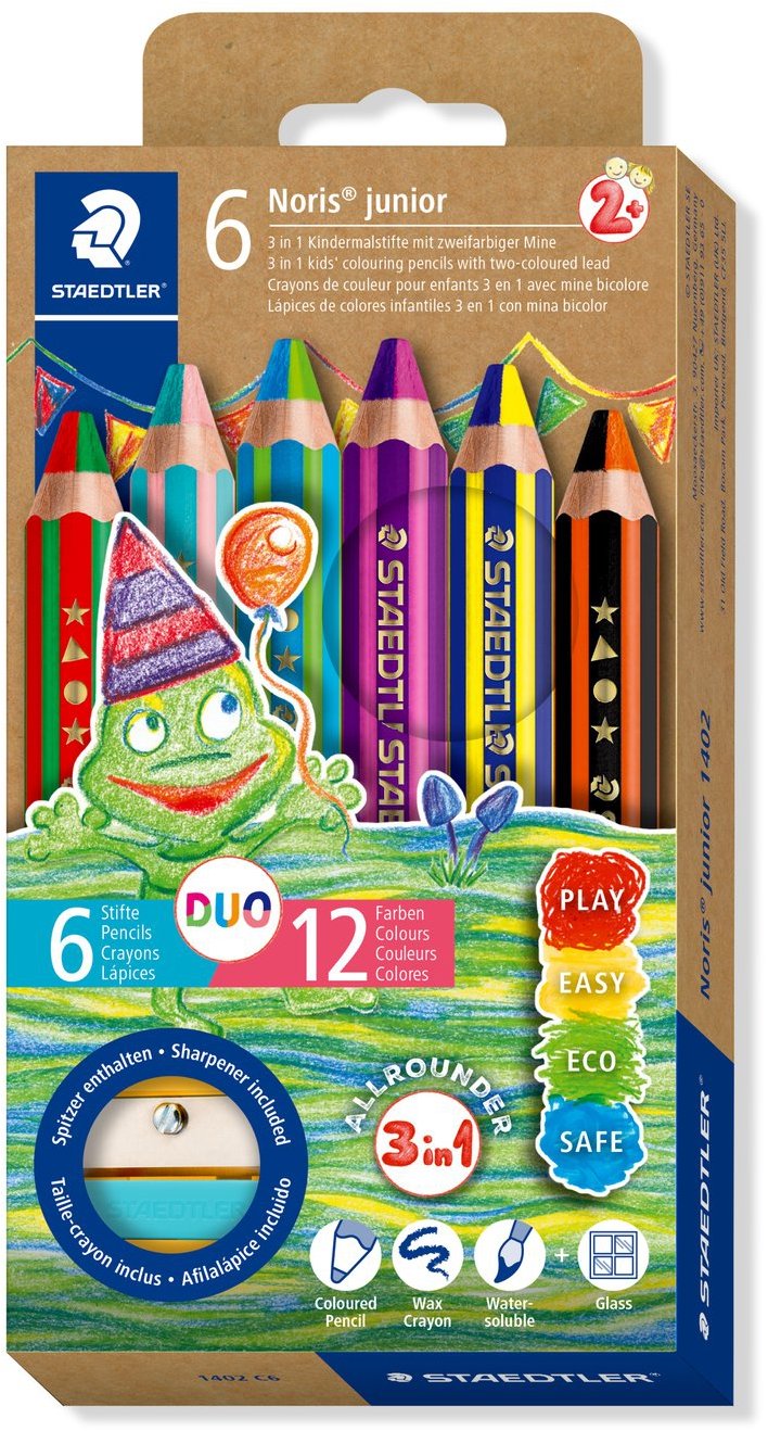 STAEDTLER Noris junior jumbo 3 v 1, dvojfarebné, 6 ks + strúhadlo