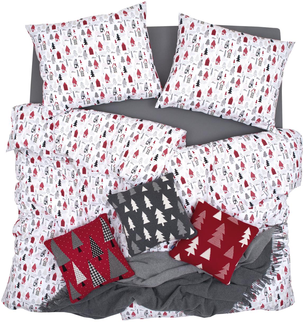 SCANquilt obliečky KLASIK polárne domčeky bieločervená 140 × 200/70 × 90 cm