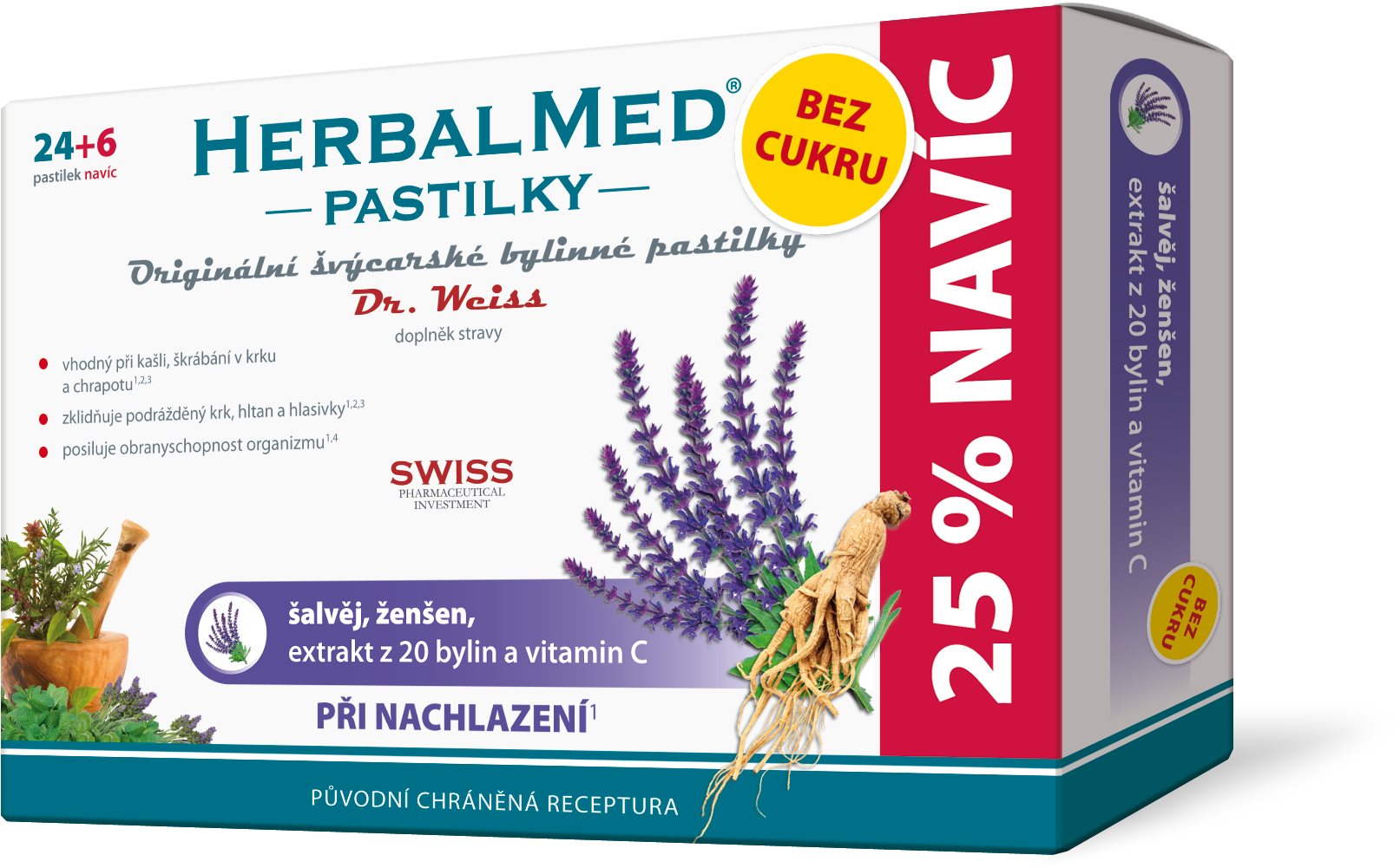 Dr.Weiss HerbalMed Šalvia + ženšen + vitamín C BEZ CUKRU 24 + 6 pastiliek