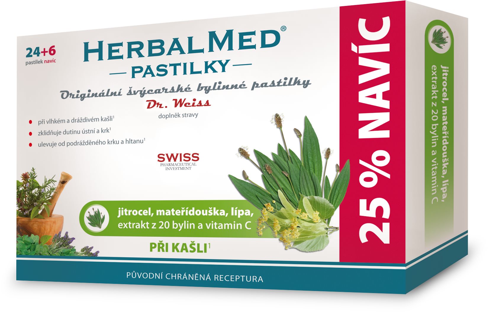 Dr. Weiss HerbalMed Skorocel + materina dúška + lipa + vitamín C 24 + 6 pastiliek