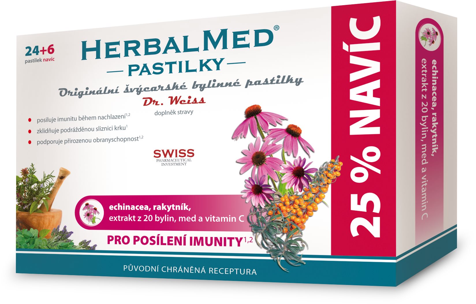 Dr.Weiss HerbalMed Echinacea + rakytník + vitamín C 24 + 6 pastiliek