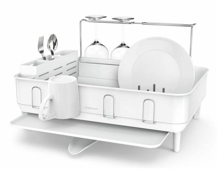 Simplehuman odkvapkávač na riad s držiakom na poháre, rám z bielej ocele