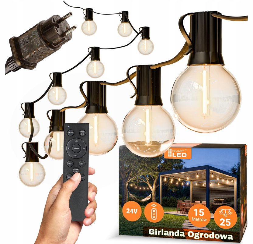 Smart LED Záhradná svetelná stmievateľná girlanda 15 m 25× LED žiarovka E12 diaľkové ovládanie