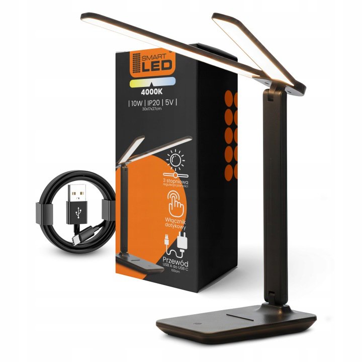 SMART LED Stolná dotyková stmievateľná pracovná LED lampička 2× 5 W/2× 200 lm/USB-C/čierna farba