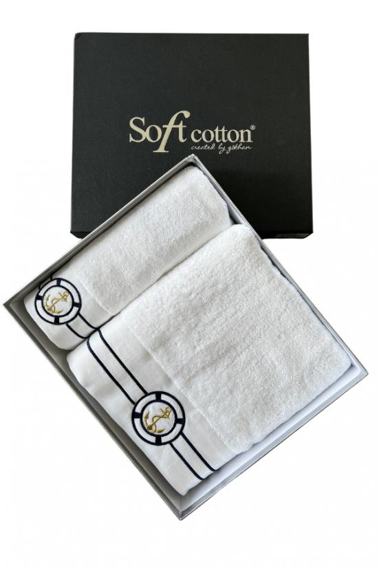 Soft Cotton – Darčeková súprava uterák a osuška Marine Man, 2 ks, biela