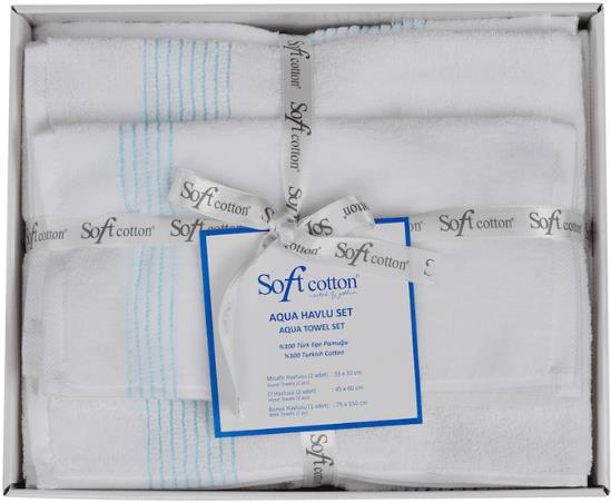Soft Cotton darčeková súprava uterákov a osušky Aqua, 5 ks, biela/tyrkysová