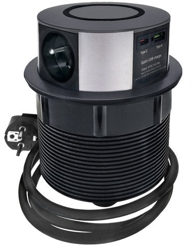 Solight 3z + USB A + C 20 W PD, Wireless 10 W, výsuvný blok zásuviek, 2 m, čierny
