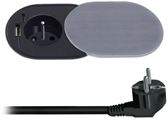 Solight 1z + USB A+C 20 W PD vstavaná s posuvným viečkom, 2 m, strieborná