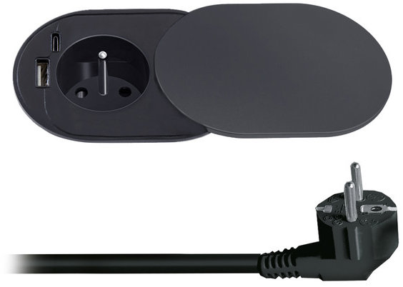 Solight 1z + USB A+C 20 W PD vstavaná s posuvným viečkom, 2 m, matná čierna