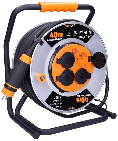 Solight Na kovovom bubne, 4 zásuvky, 40 m kábel guma-neoprén, 3× 2,5 mm2, IP44