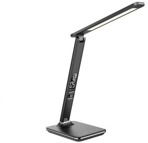 Solight LED stolná lampička s displejom, 9 W, voľba teploty svetla, koža, čierna