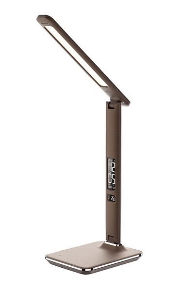LED stolná lampička s displejom, 9 W, voľba teploty svetla, koža, hnedá