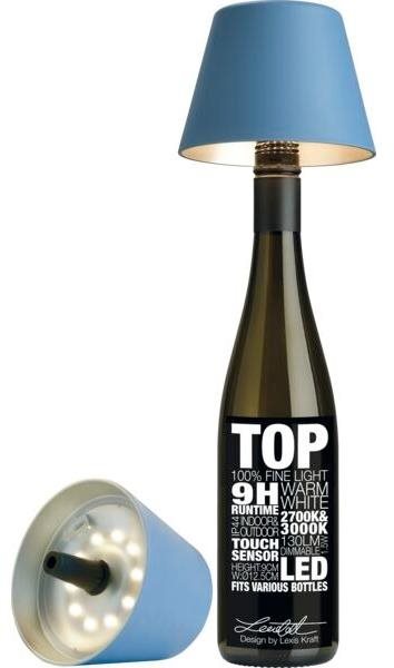 Sompex Stolná LED lampa na fľašu Top 12,5 cm, modrá