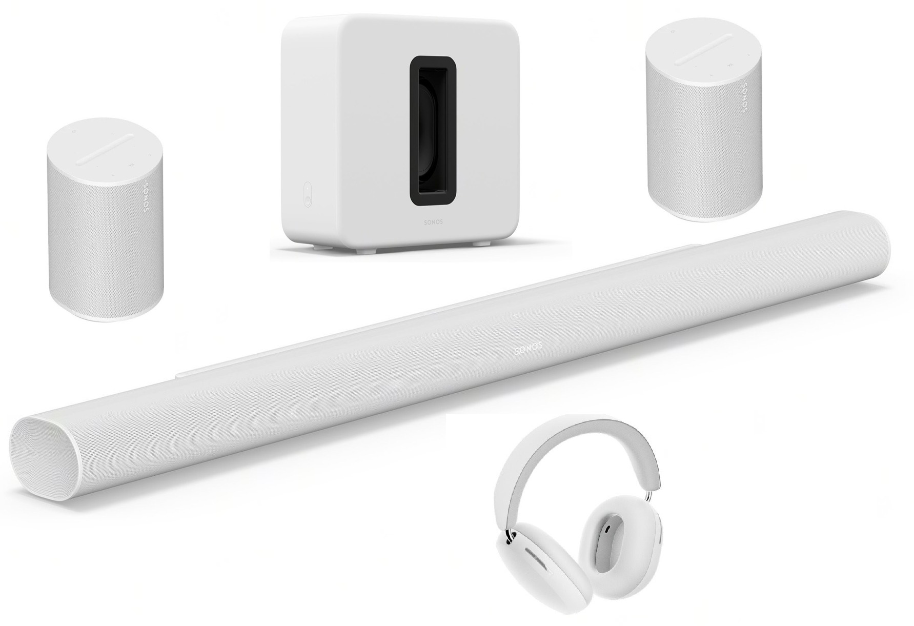 Sonos Ace White + Sonos Arc Ultra biely + Sonos Sub 4 + 2x Sonos Era 100