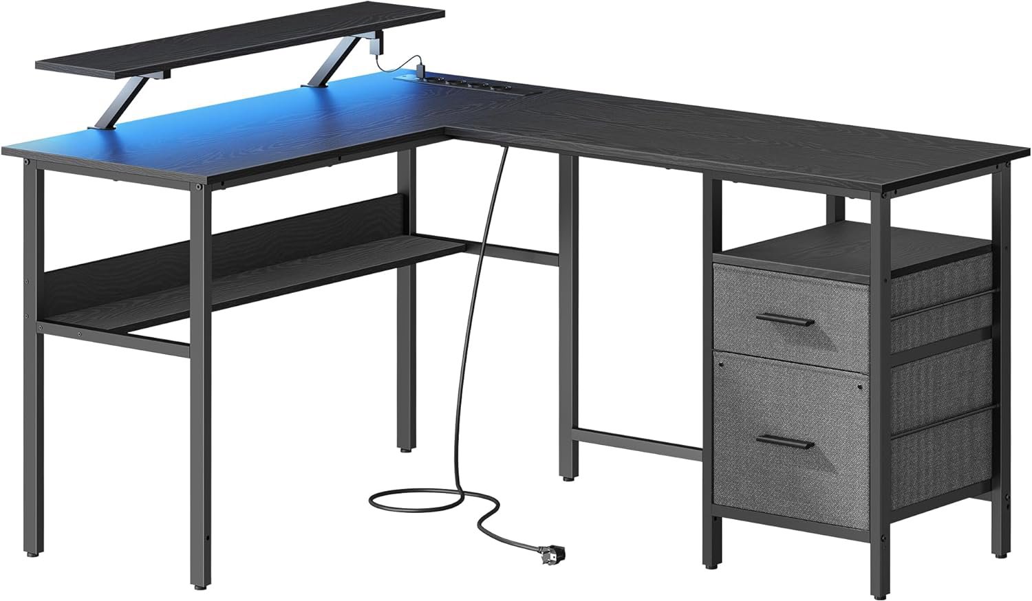 Songmics Vasagle Bora Rohový písací stôl so zásuvkami a LED čierny
