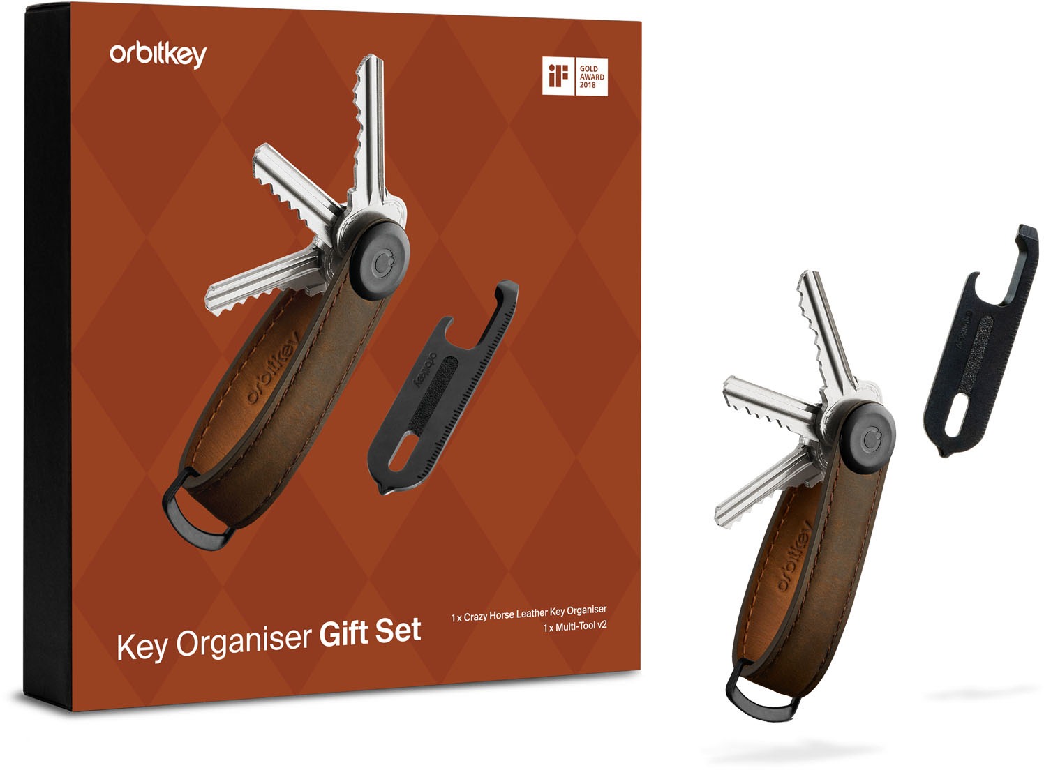 ORBITKEY Key Organiser Crazy Horse + Multitool V2 Sada – Oak Brown