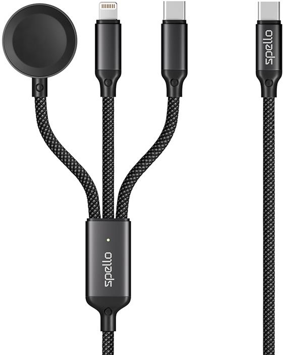 Spello 3 v 1 kábel USB-C na USB-C, Lightning a Apple Watch 1,2 m – čierny