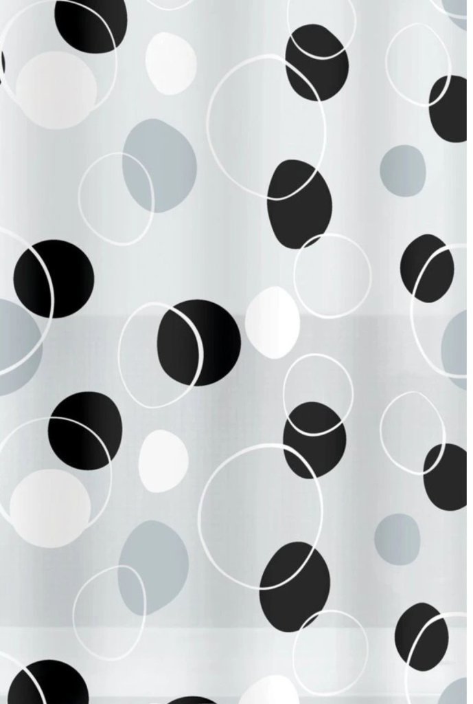 Spirella sprchový záves BUBBLE, motív krúžky, bielo – čierny, PEVA, 180 × 200 cm