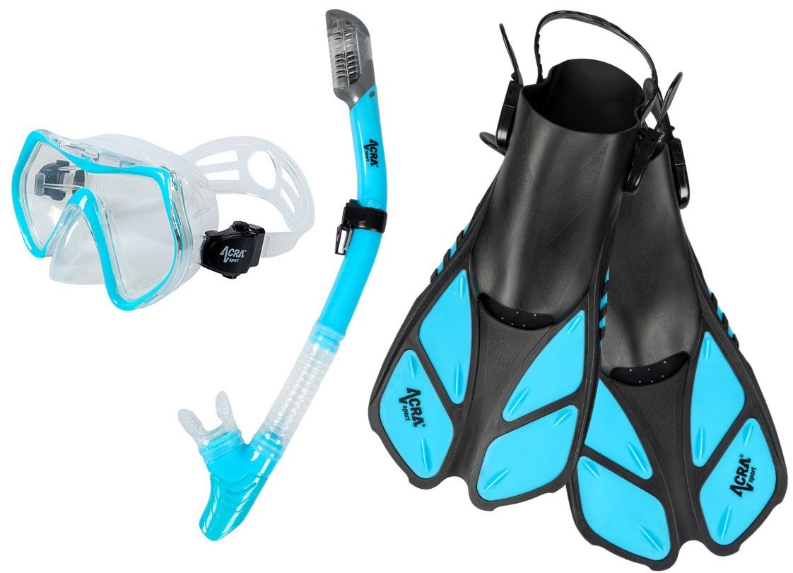 ACRA Šnorchlovacia súprava 3 v 1, svetlomodrá, L/XL, plutvy veľkosť 42 – 47, maska, šnorchel