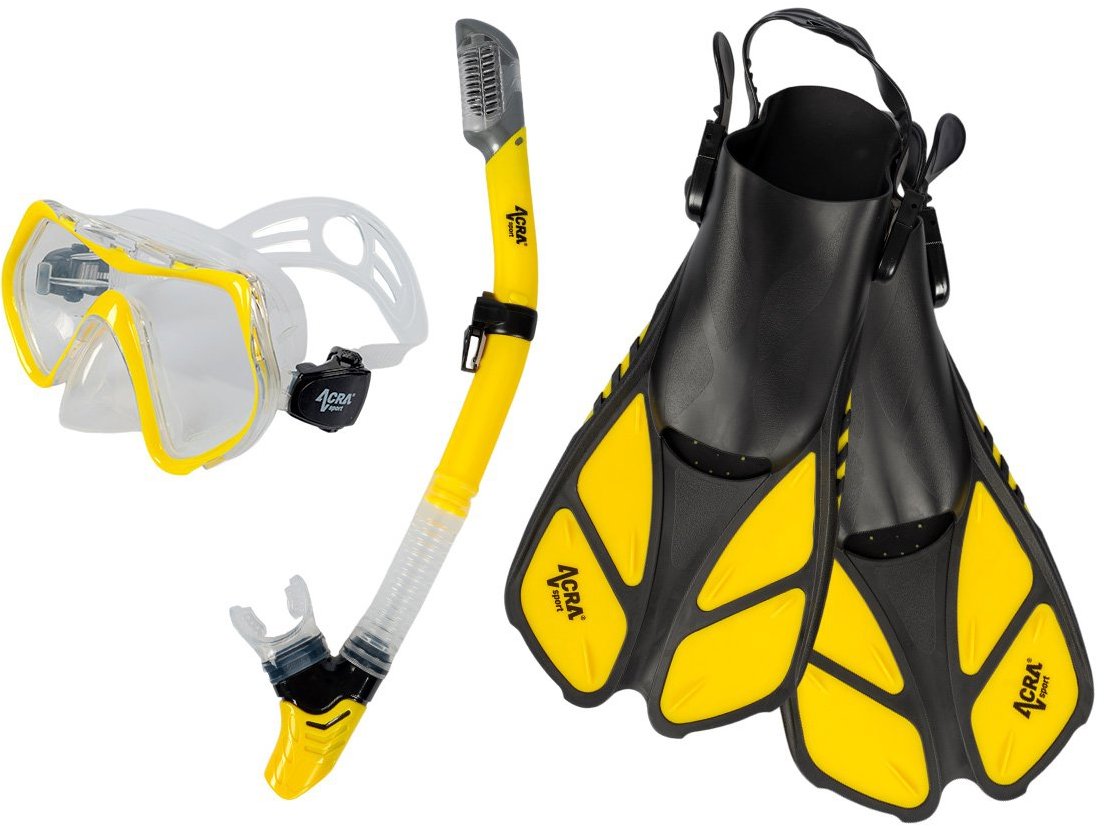 ACRA Šnorchlovacia súprava 3 v 1, žltá, S/M, plutvy veľkosť 36 – 41, maska, šnorchel