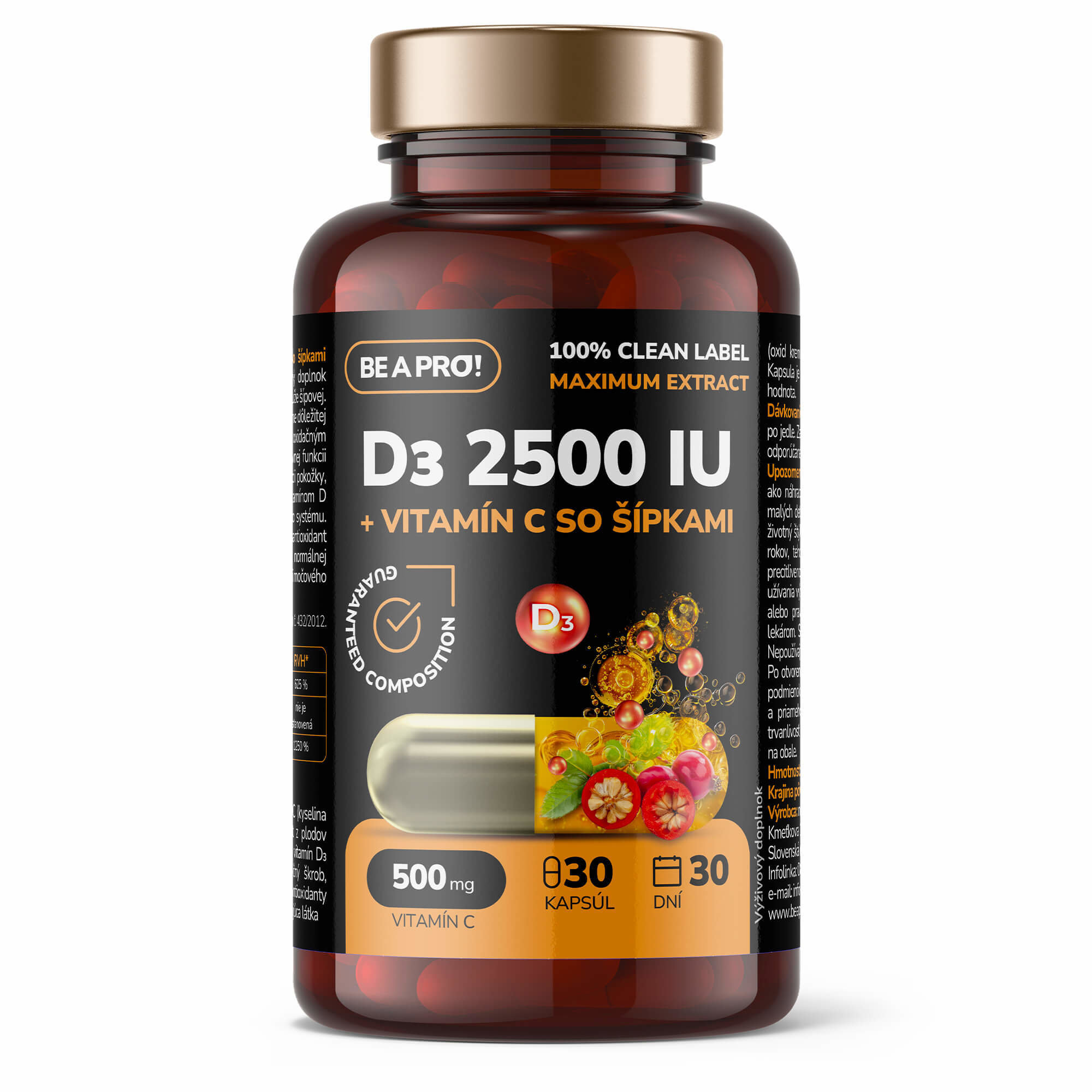 BE A PRO! D3 2500 IU + vitamín C so šípkami, 30 kapsúl
