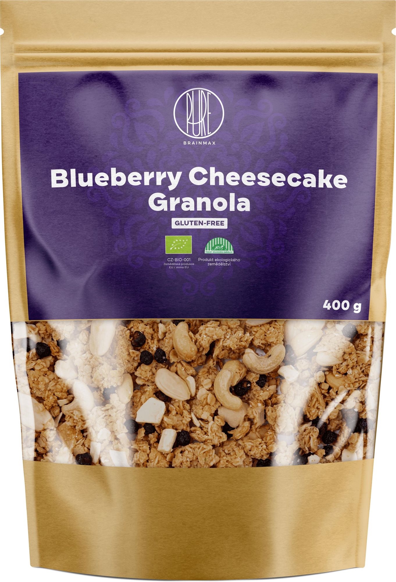 BrainMax Pure Blueberry Cheesecake Granola, Čučoriedky a Biela čokoláda, BIO, 400 g
