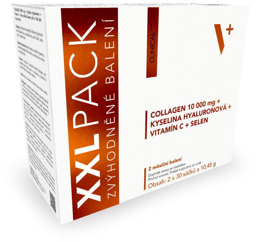 Clinical Collagen + Kyselina hyalurónová + Vitamín C + selén XXL PACK 2 × 30 × 10,45 g mango