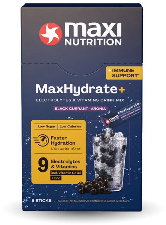 MaxiNutrition Elektrolyty s vitamínmi na imunitu, príchuť čiernych ríbezlí a arónie 128 g (8× 16 g