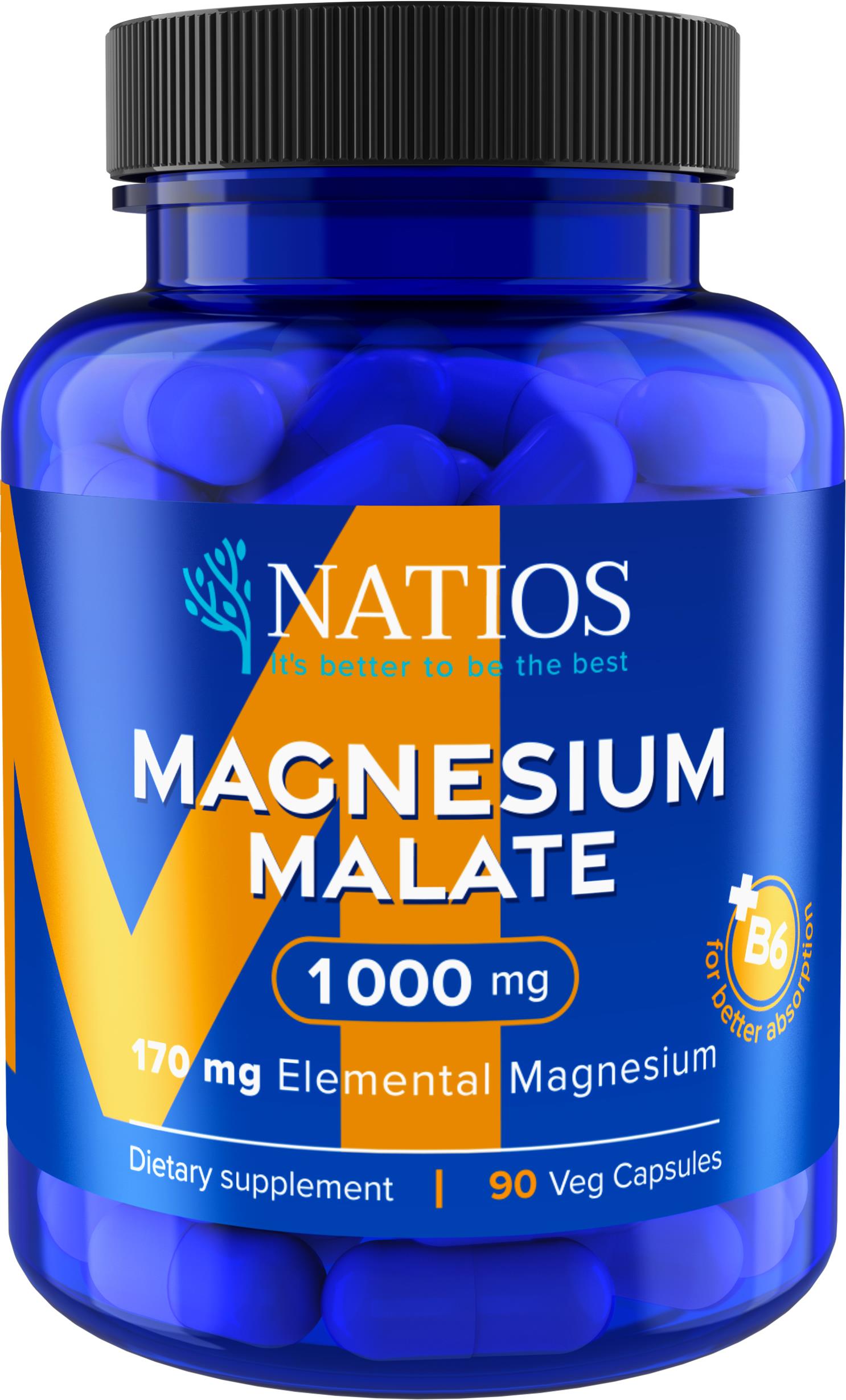 NATIOS Magnesium Malate 1 000 mg + B6, 90 veg. kapsúl, (elem. horčík 170 mg)