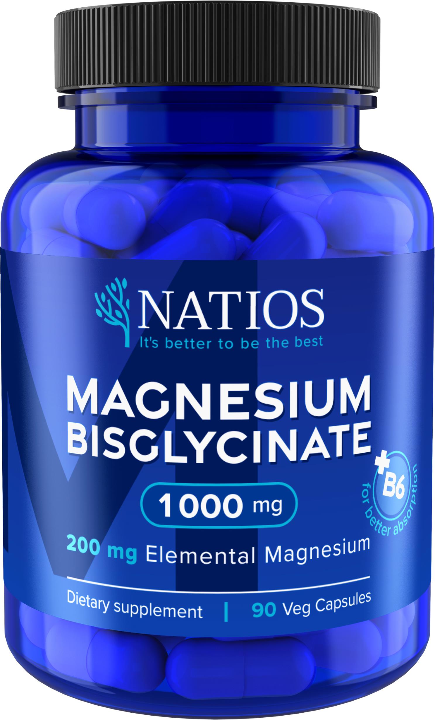 NATIOS Magnesium Bisglycinate 1 000 mg + B6, 90 veg. kapsúl, (elem. horčík 200 mg)