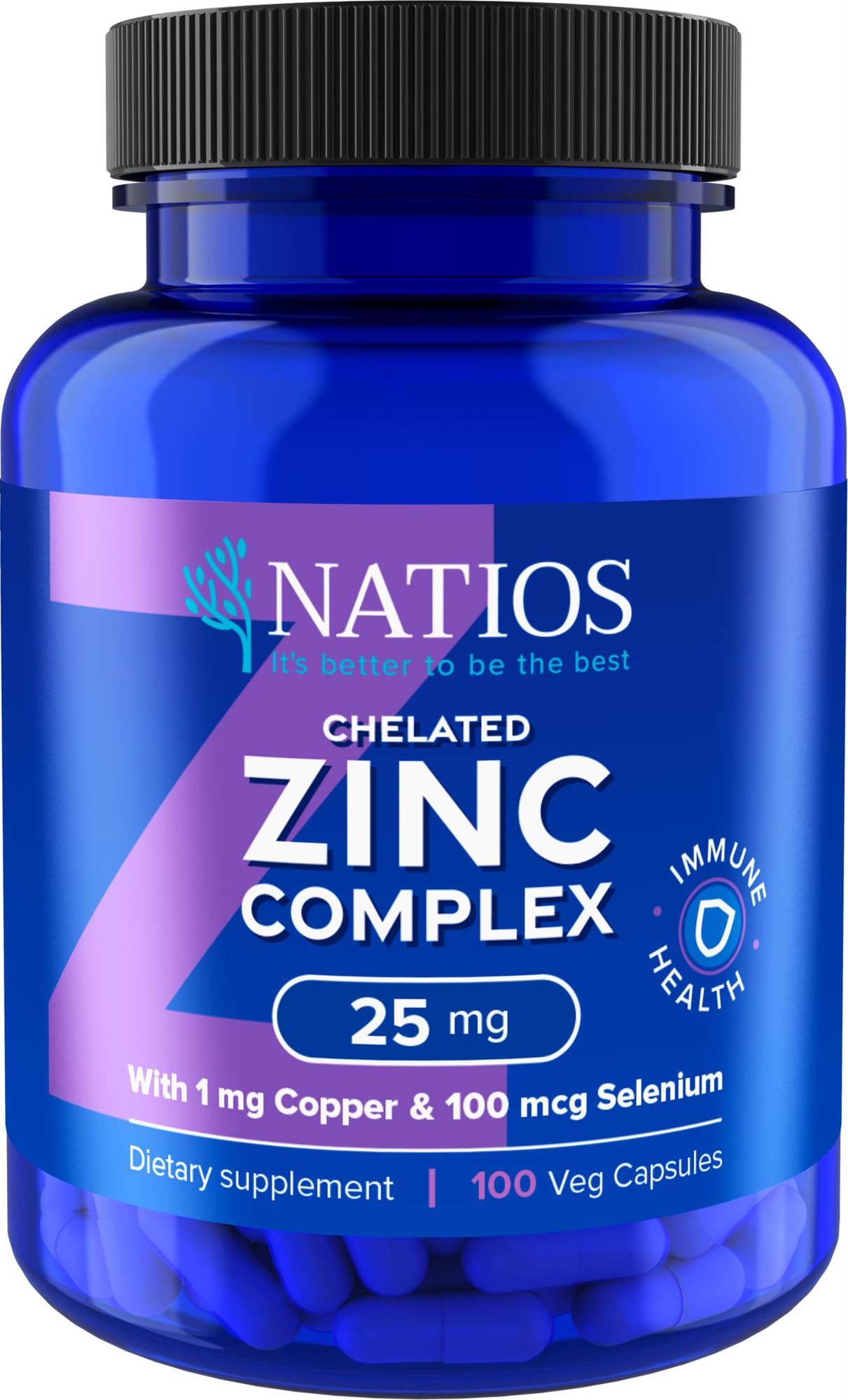 NATIOS Zinc Chelated Complex, Zinok, selén a meď, 25 mg, 100 vegánskych kapsúl