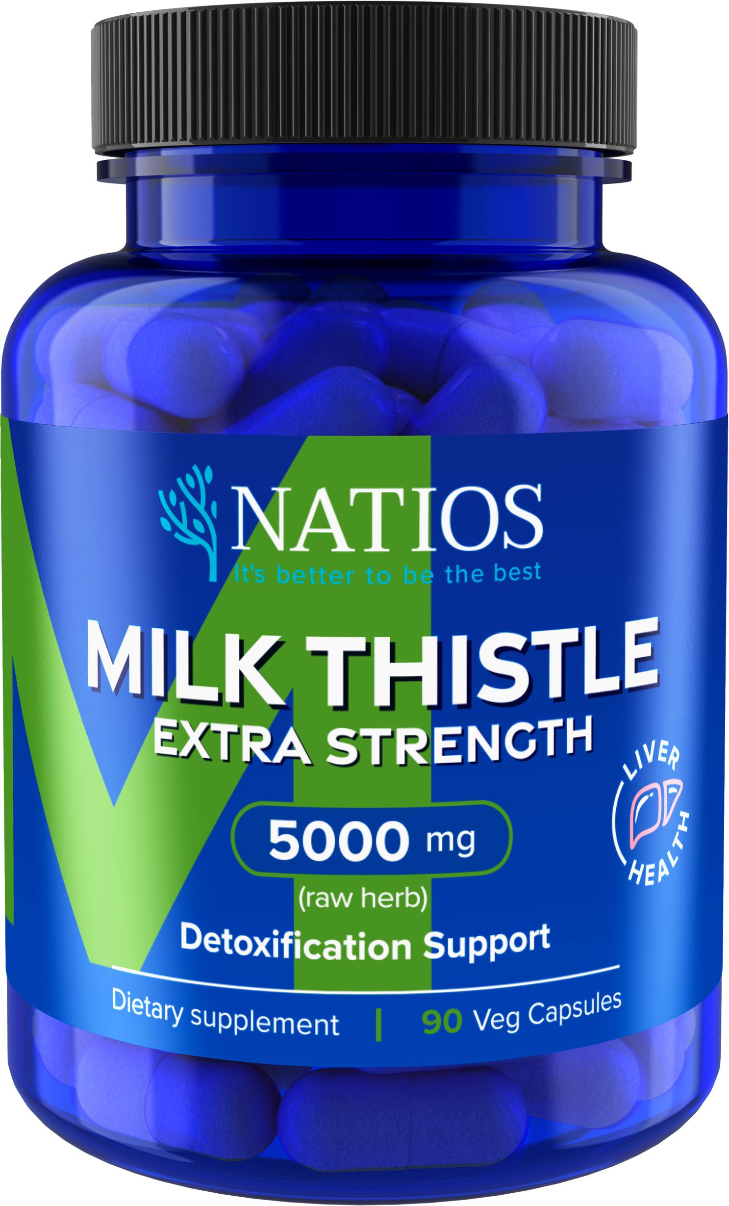 NATIOS Milk Thistle Extract, Ostropestřec, 5000 mg, Extra Strength, 90 veganských kapslí
