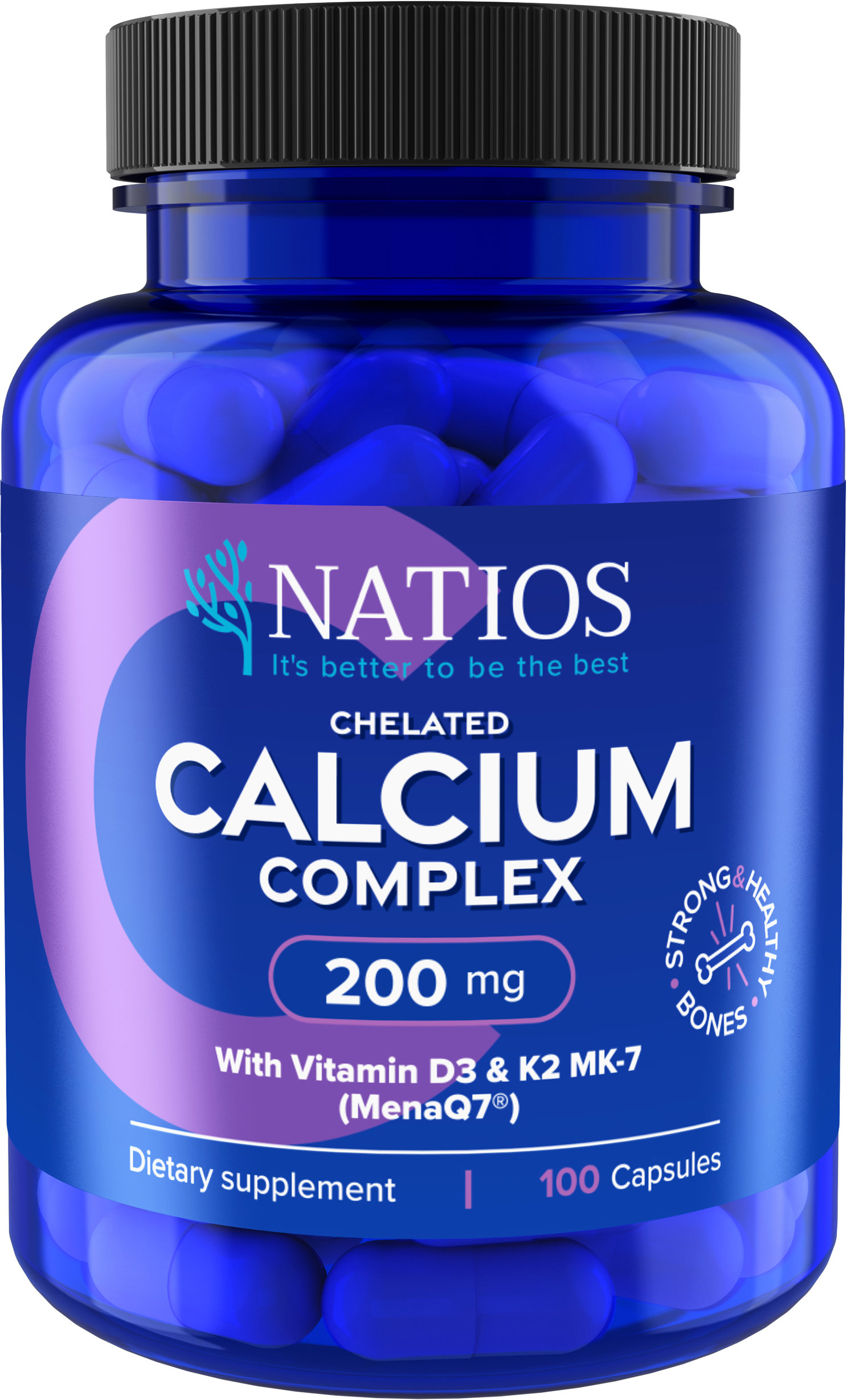 NATIOS Chelated Calcium Complex, Vápník s vitamíny D3 a K2 MK-7, 200 mg, 100 kapslí