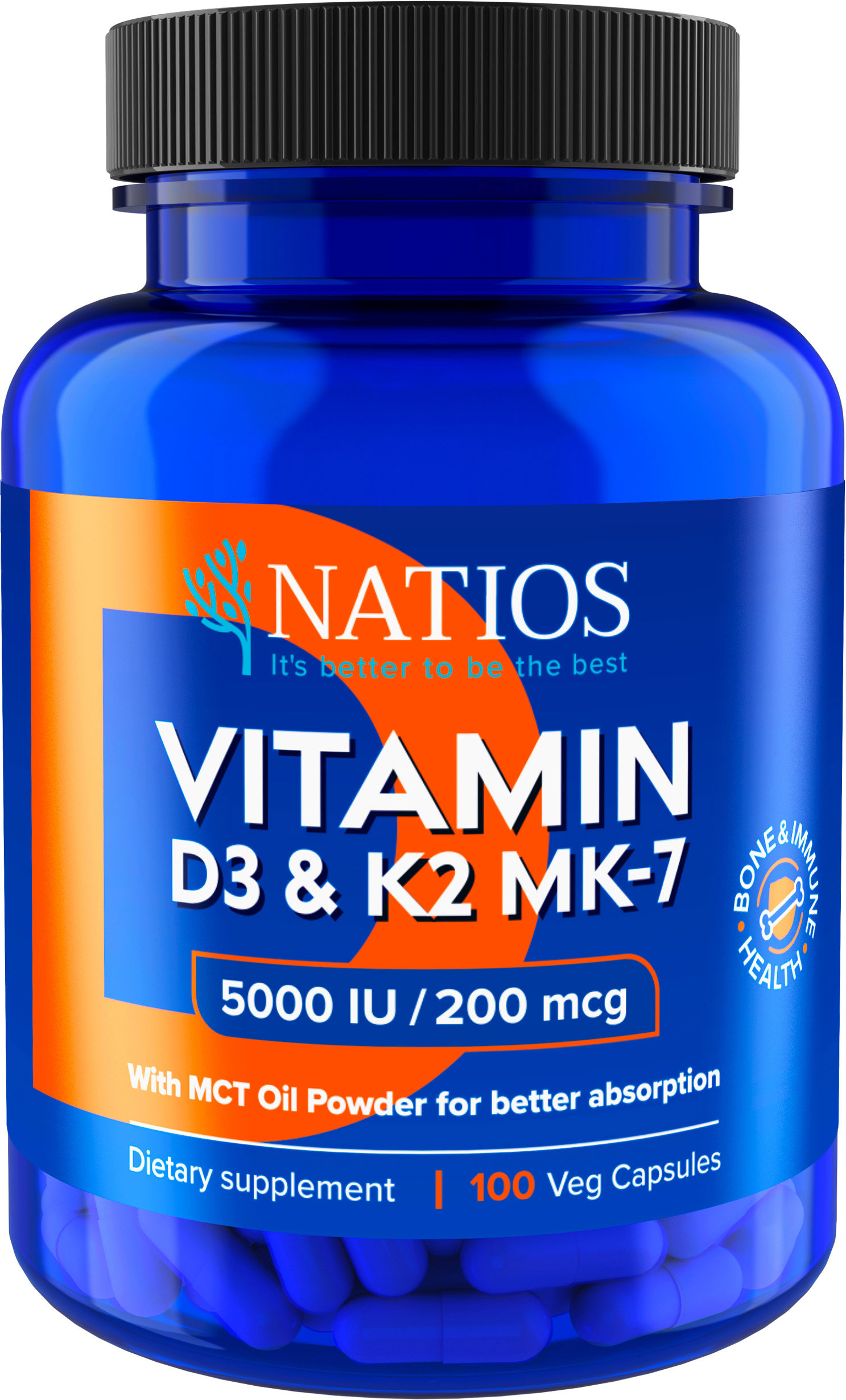 NATIOS Vitamin D3 & K2 (MenaQ7 MK-7), 5000 IU & 200 mcg, 100 kapslí