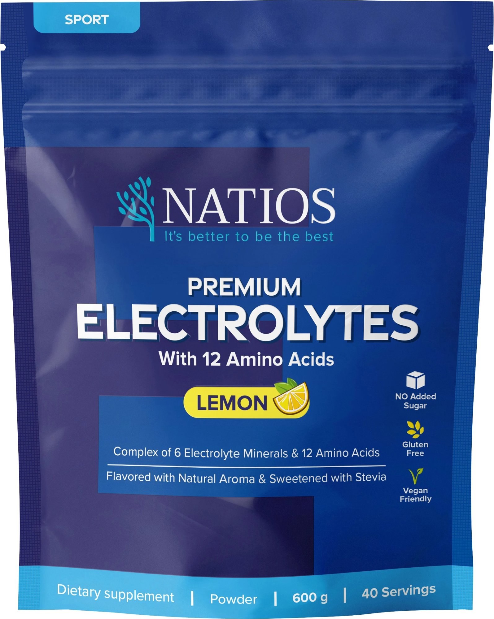 NATIOS Premium Electrolytes, Elektrolyty s 12 aminokyselinami 600 g, citrón