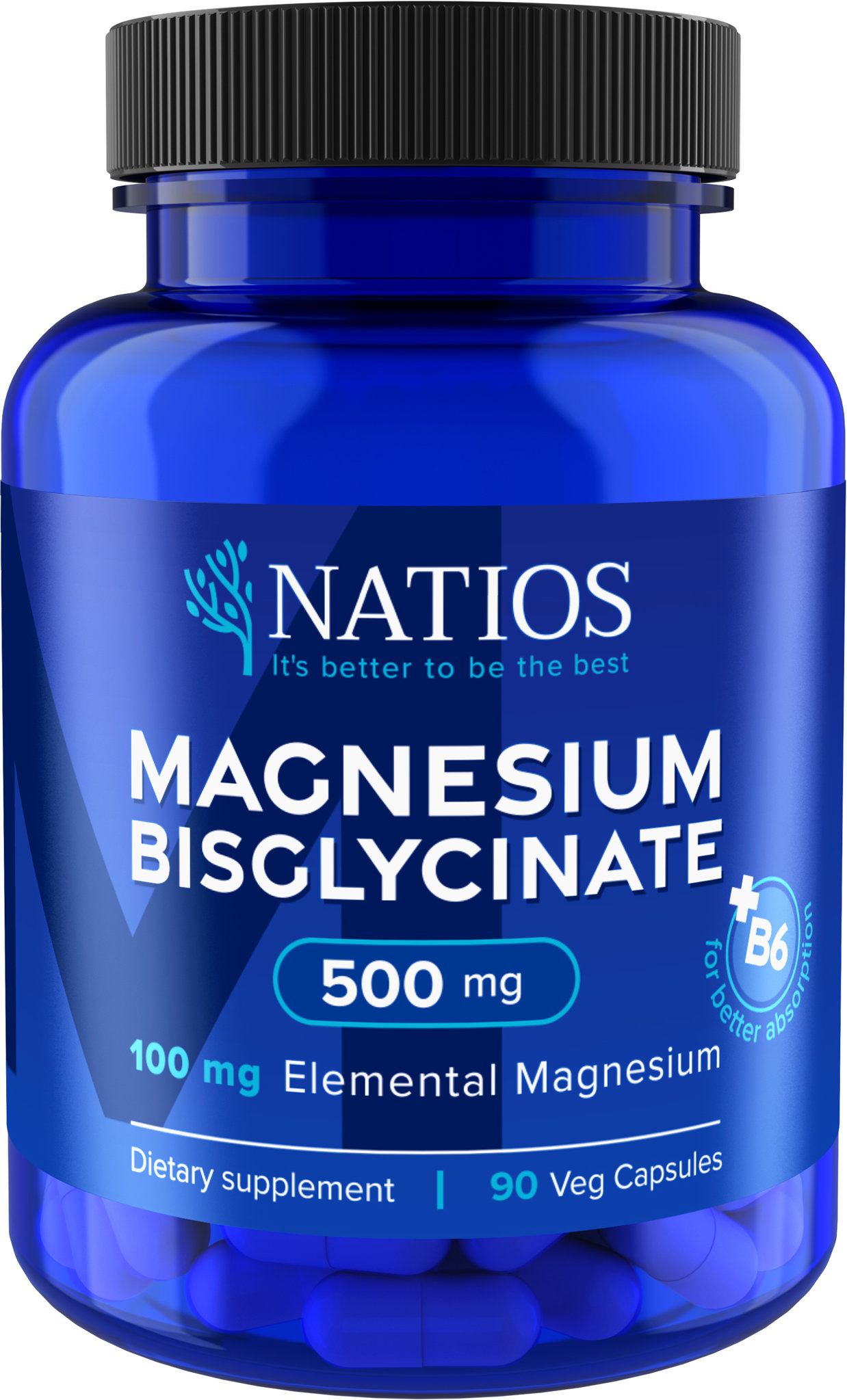NATIOS Magnesium Bisglycinate 500 mg + B6, 90 veg. kapsúl (elem. horčík 100 mg)