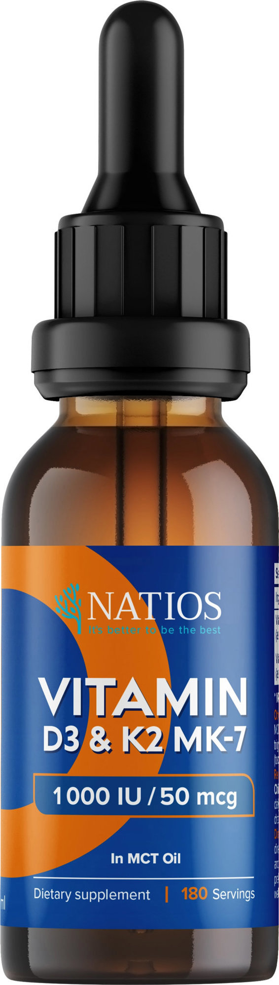 NATIOS Vegan Vitamín D3 & K2 (MK-7), 1000 IU & 50 mcg, kvapky v MCT oleji, 30 ml
