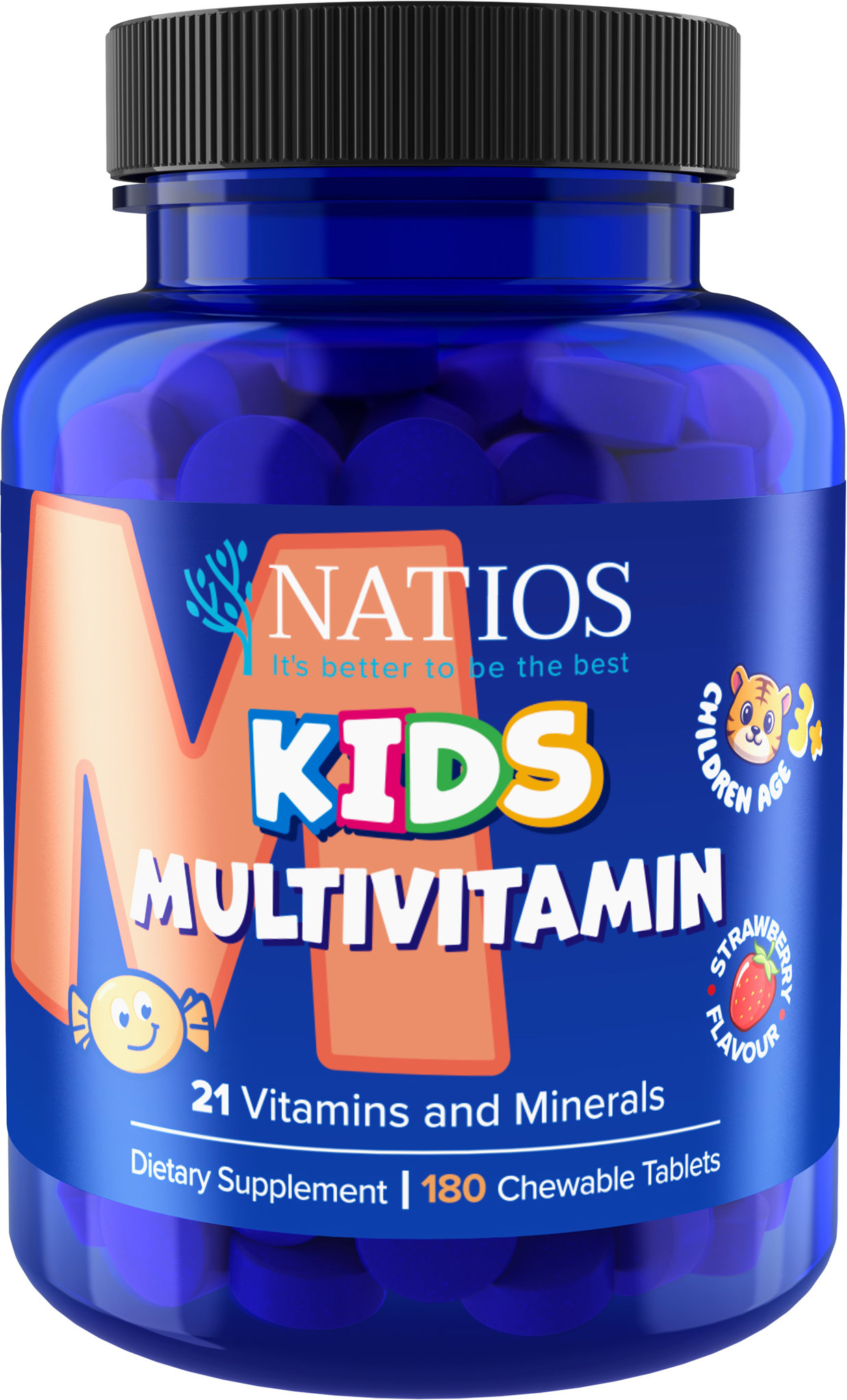 NATIOS Kids Multivitamín, 21 vitamínov a minerálov, 180 jahodových cmúľacích tabletiek