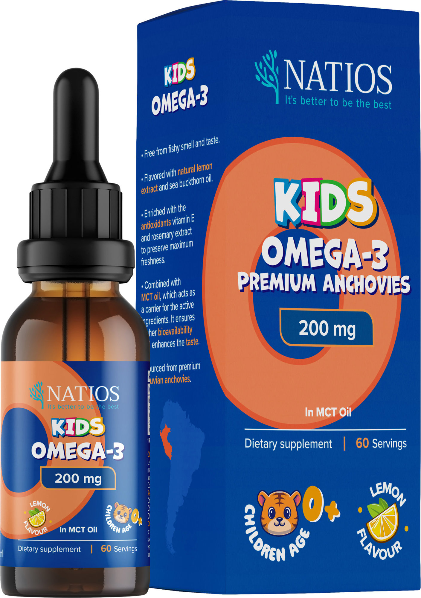 NATIOS Kids Omega-3 Premium Anchovies, 200 mg, kvapky v MCT oleji, 30 ml