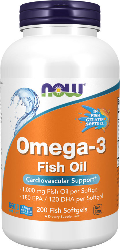 NOW FOODS Omega 3, Molekulárně destilovaná, 1000 mg, 200 rybích softgel kapslí