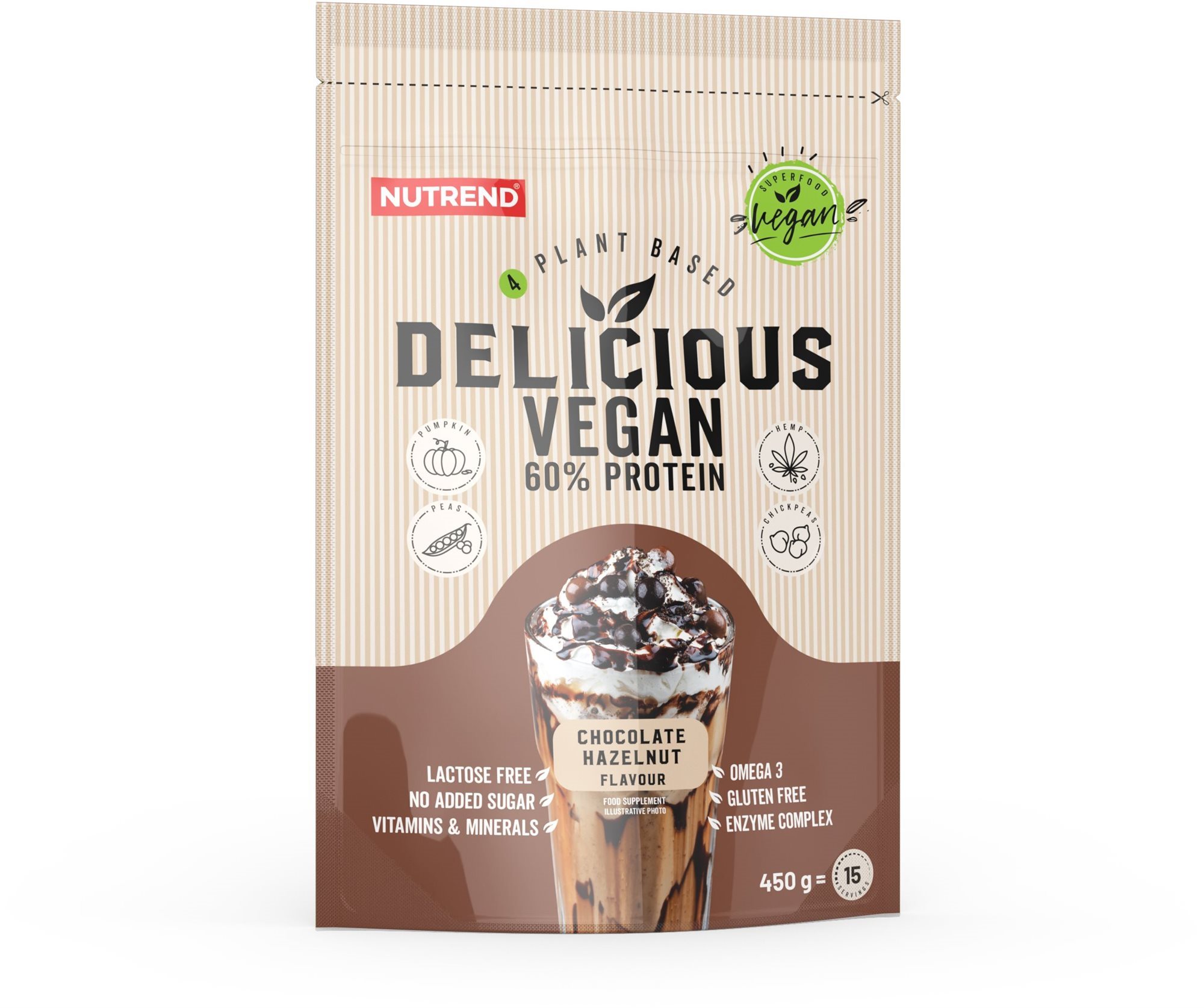 Nutrend Delicious Vegan Protein 450 g, čokoláda+lieskový orech