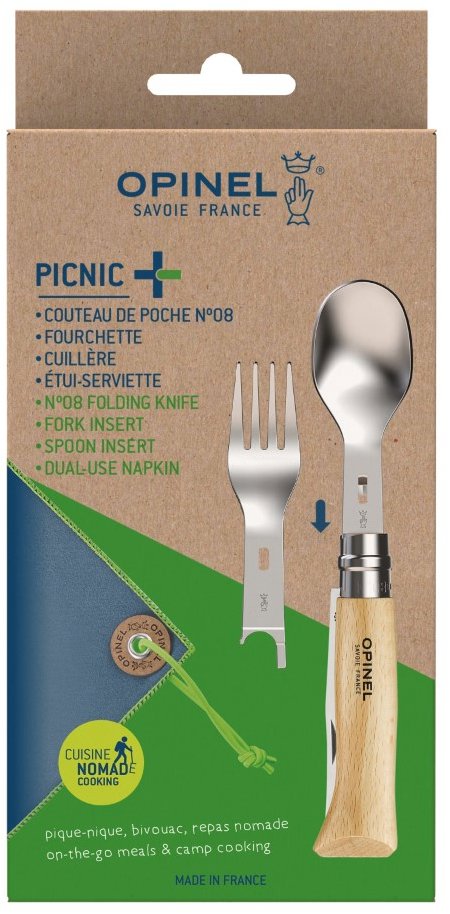 OPINEL Picnic+ (lyžica, vidlička, obrúsok - vrátane noža N°08 - buk)
