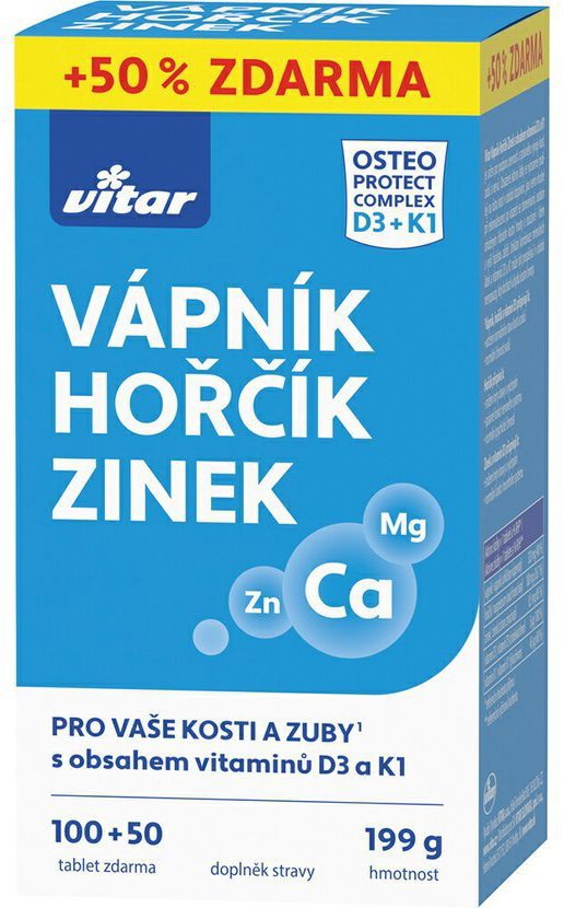 Vitar Vápník, hořčík, zinek + vit. D3 a K1, 100 + 50 tablet