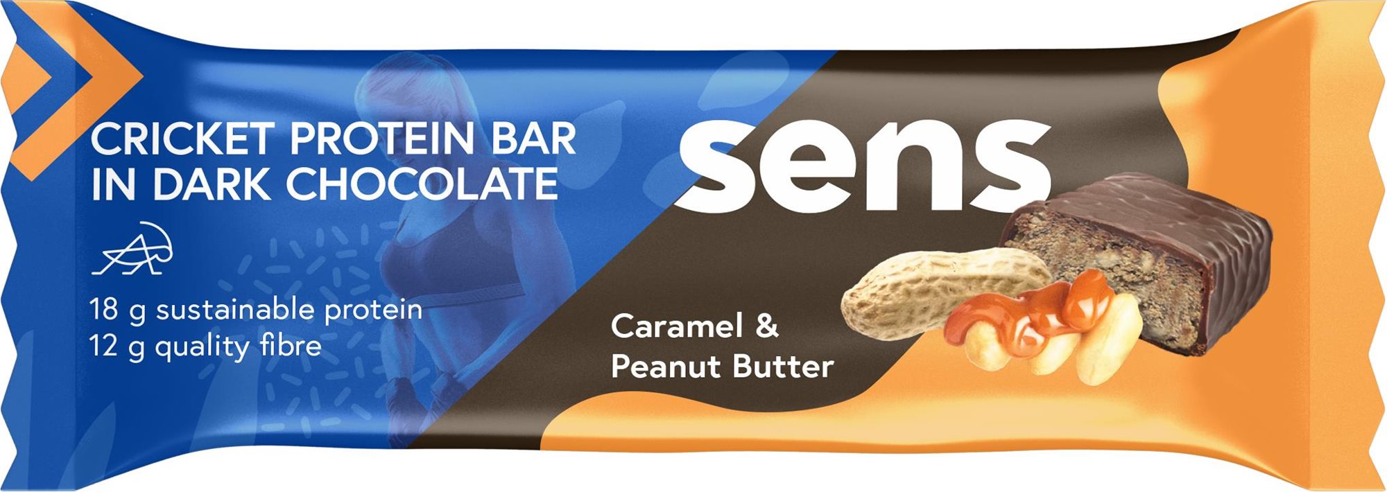 SENS Svrčková Proteínovka v tmavej čokoláde 60 g, karamel & arašidové maslo