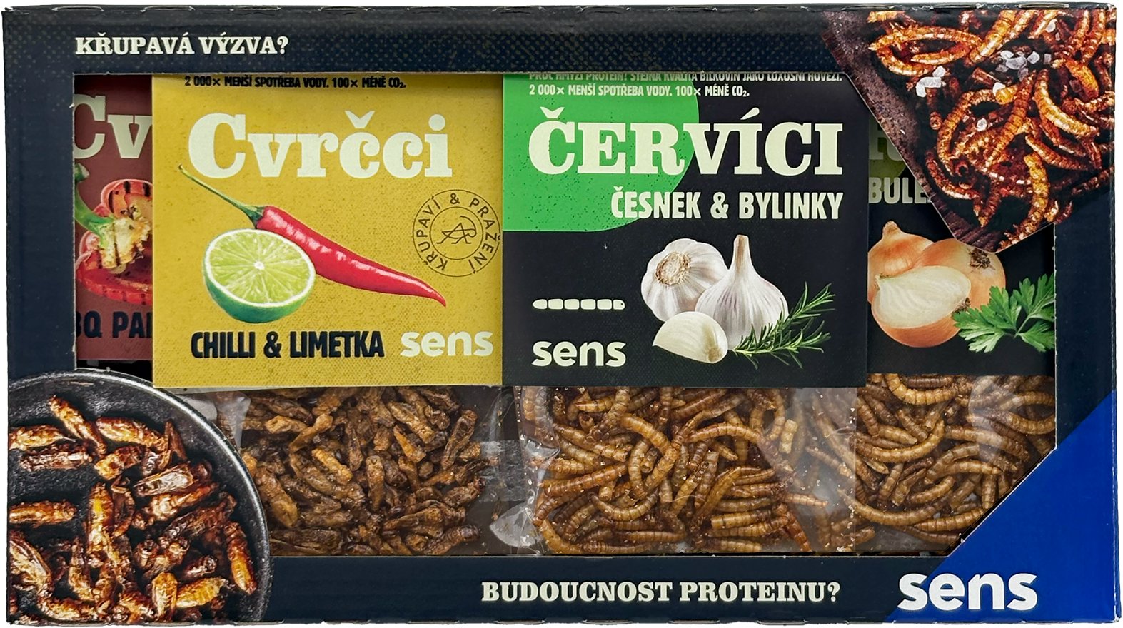 SENS Ochutnávková sada svrčkov a červíkov v darčekovom balení – 4 príchute