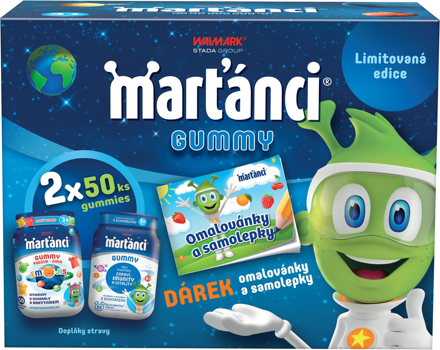 Marťankovia gummy 2× 50 gummies + maľovánky a samolepky