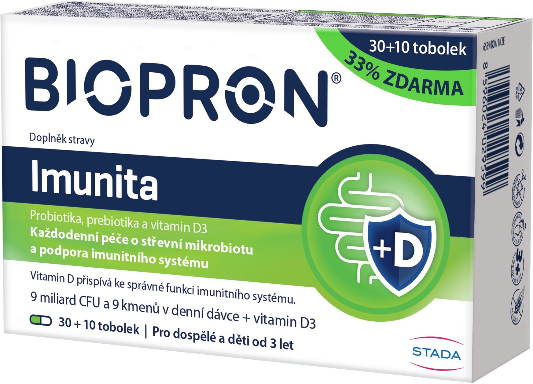 Biopron Imunita, probiotiká a prebiotiká + vitamín D na každodennú podporu imunity, 30 + 10 kapsúl