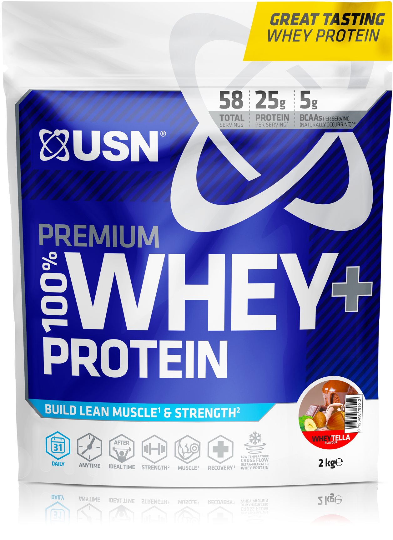 USN 100 % Premium Whey Bag, 2000 g, lieskový oriešok „wheytella"